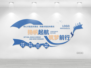 深蓝色简洁大气杨帆起航筑梦前行文化墙设计励志奋斗标语口号企业文化墙